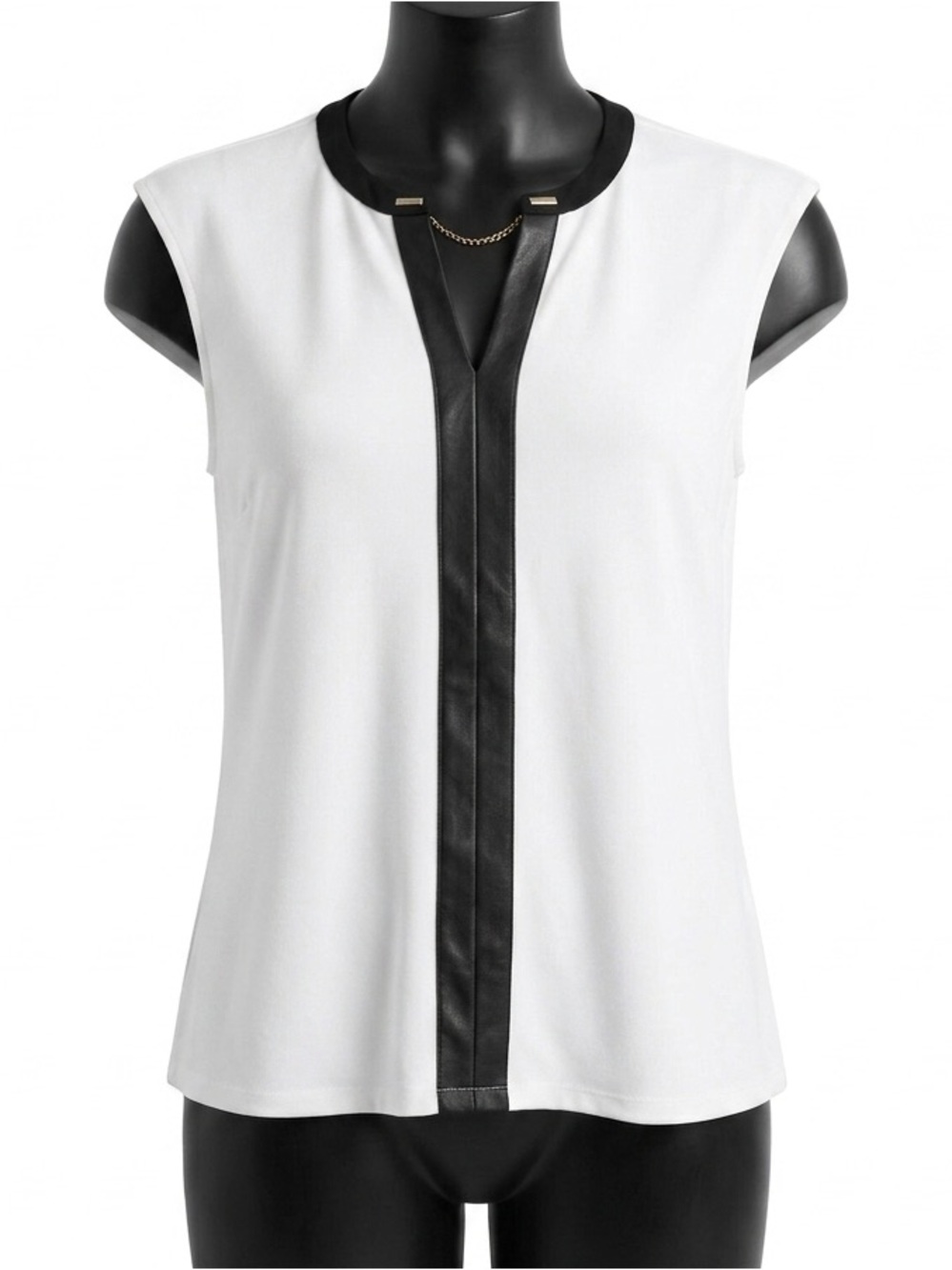 Calvin Klein White Sleeveless Blouse Faux Leather Trim Chain Accent Large